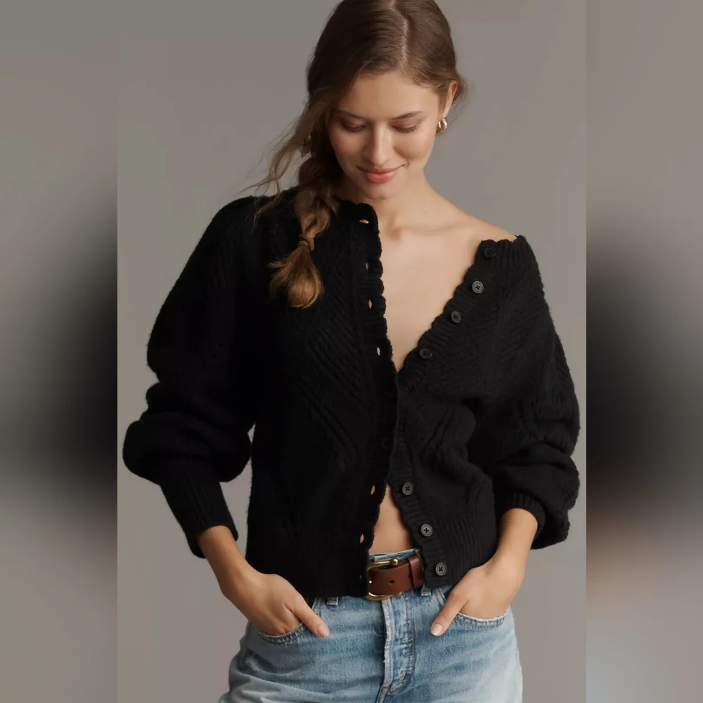 Anthropologie Pointelle Scalloped Cardigan Sweater - Picture 1 of 3